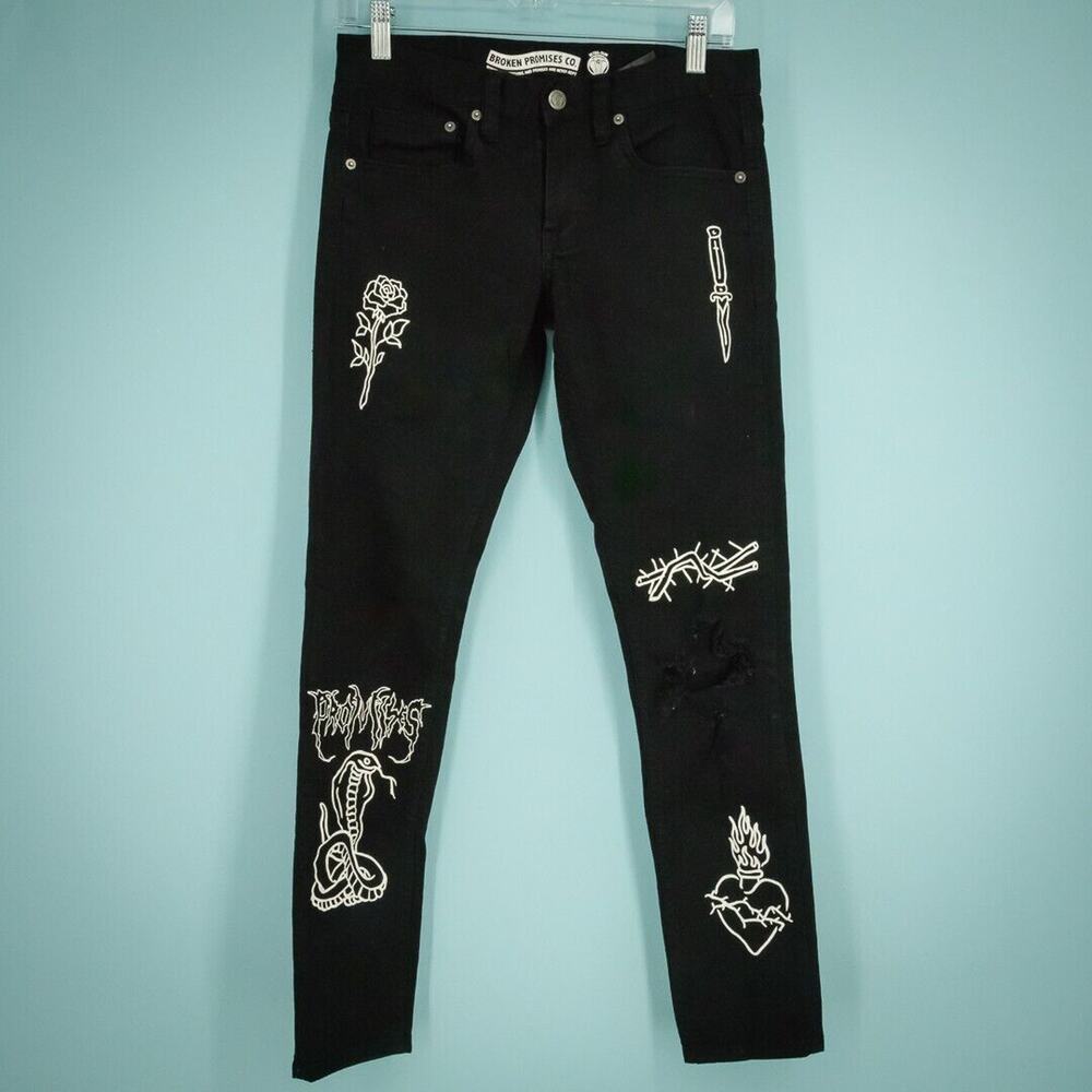 Broken Promises Co Size 28 Black Tattoo Unfortunate Denim Ultra Slim Jeans